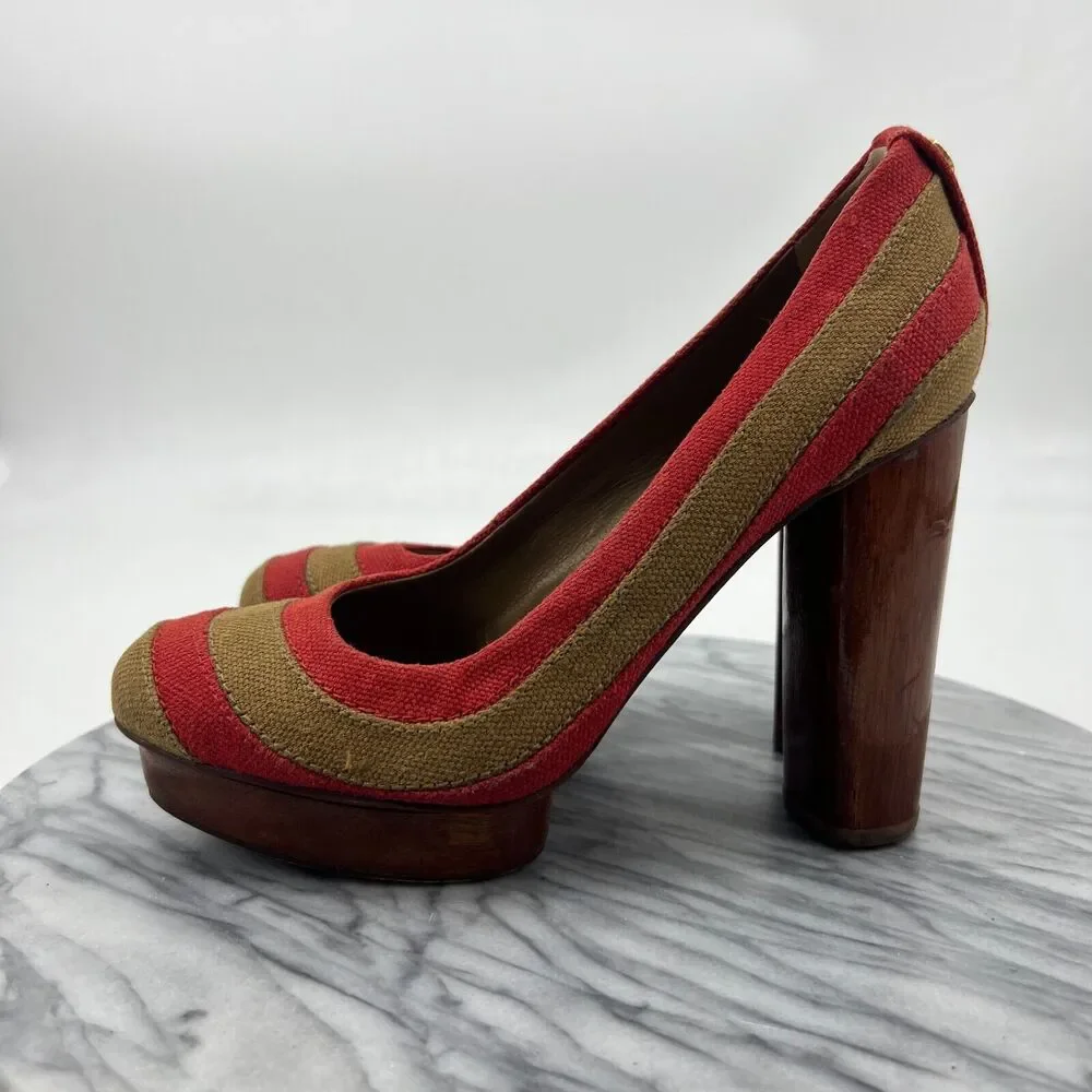 Tory Burch Joelle Platform Pump Womens 8 Linen Patchwork Wood Heel Round Toe
